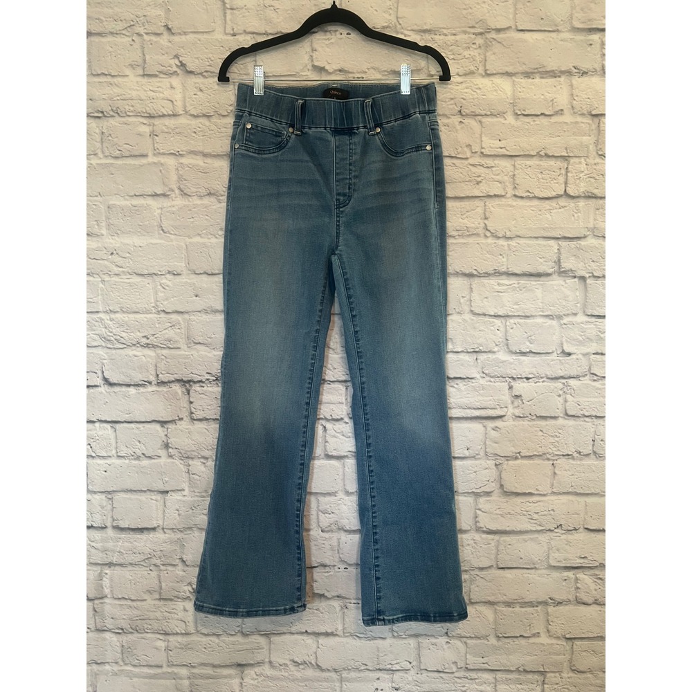 Quince Women's Pull On Flare Jeans Medium Wash Blue Denim Stretch Size S